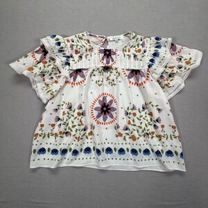 Rose+Olive Women Floral Medallion Ruffle Sleeve Boho Blouse White Multi Size L